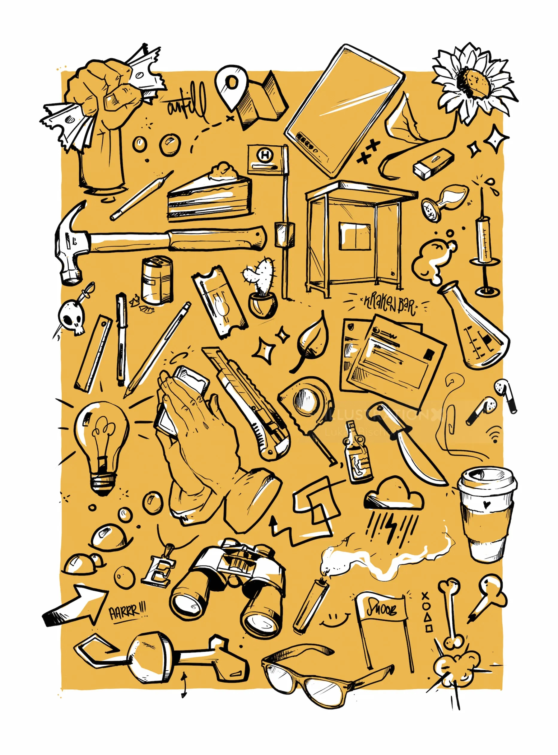 Illustration d'outils créatifs et d'objets symboliques par Lukas Bischoff