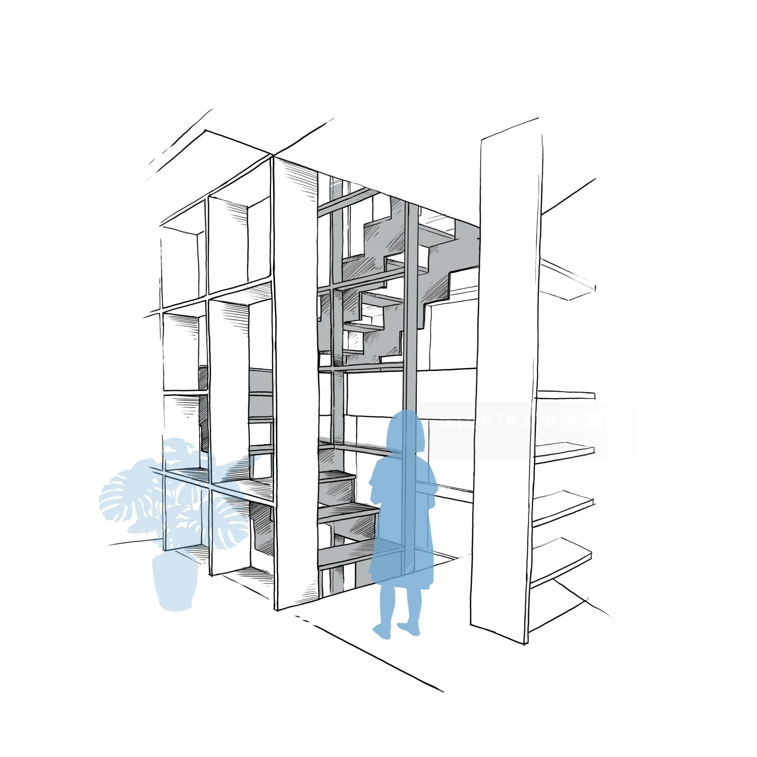 Architectural interior sketch with staircase and shelving by Lukas Bischoff