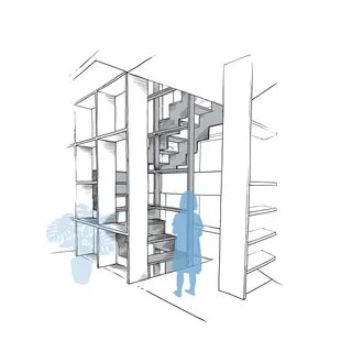 Architectural interior sketch with staircase and shelving by Lukas Bischoff