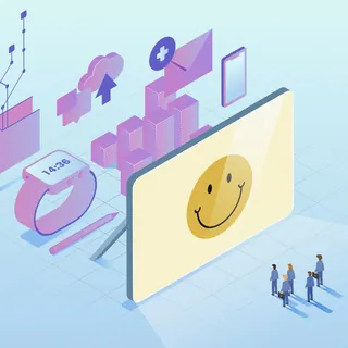 Digital health devices and smiley face on screen with small people, artwork by Lukas Bischoff