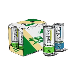 Illustration of Moskowskaya MSK Energy drink cans and packaging by Lukas Bischoff
