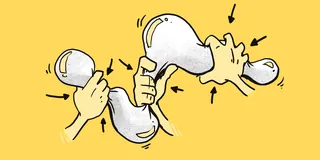 Hands stretching abstract balloon shapes on yellow background by Lukas Bischoff