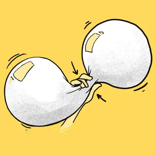Illustration of a hand pinching two connected white balloons by Lukas Bischoff
