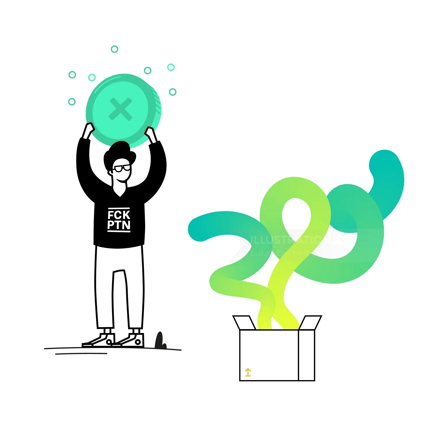 Person holding a large green button with X, standing near a box with swirling shapes by Lukas Bischo