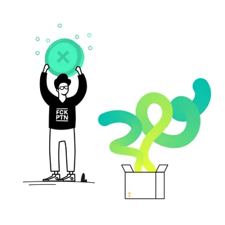 Person holding a large green button with X, standing near a box with swirling shapes by Lukas Bischo