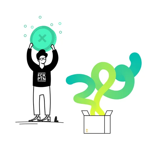 Person holding a large green button with X, standing near a box with swirling shapes by Lukas Bischo