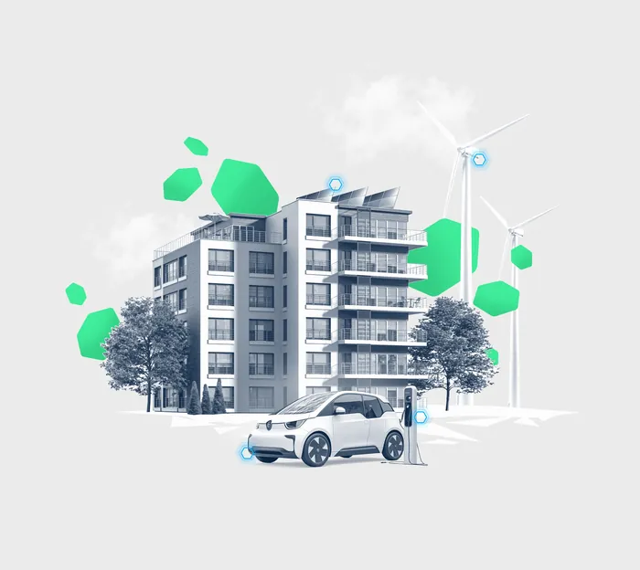 Electric car charging by modern apartment with wind turbines by Lukas Bischoff