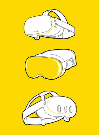 Three VR headsets on yellow background by Lukas Bischoff