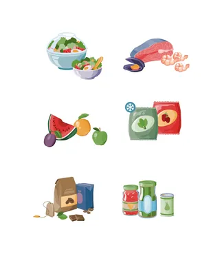 Illustrations of healthy foods including salad, fish, fruits, and packaged goods by Lukas Bischoff