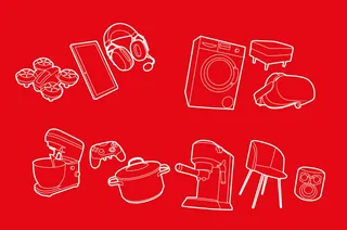 White line art of household and tech items by Lukas Bischoff