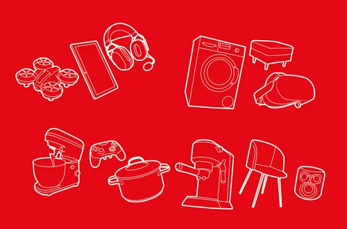 White line art of household and tech items by Lukas Bischoff