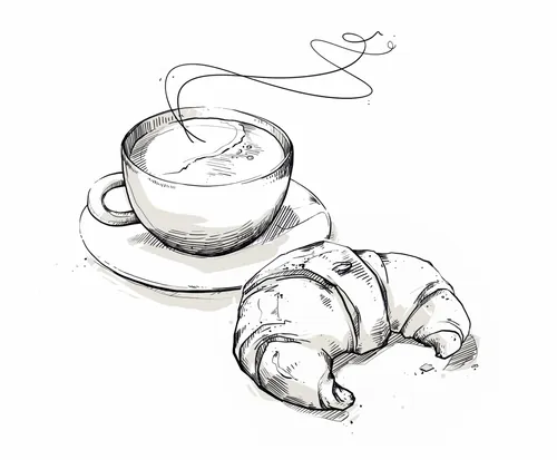 Illustration of a steaming coffee cup and croissant by Lukas Bischoff