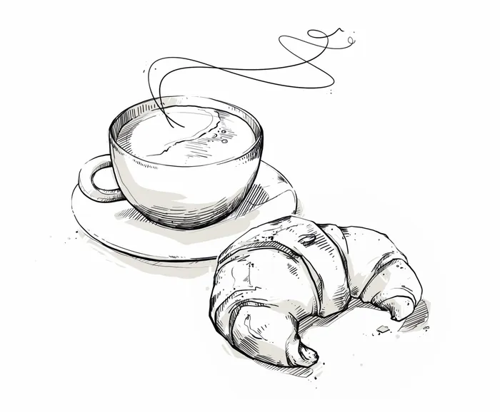 Illustration of a steaming coffee cup and croissant by Lukas Bischoff