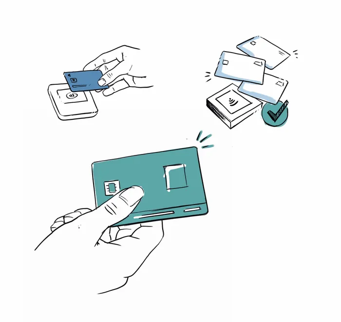 Illustration of hand inserting chip card into card reader by Lukas Bischoff