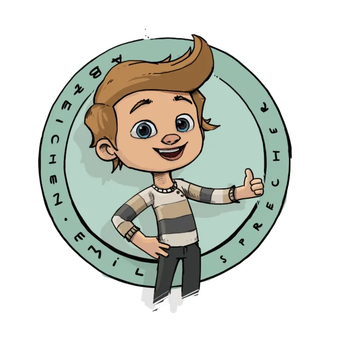 Cartoon boy giving thumbs up in front of a circular text background by Lukas Bischoff