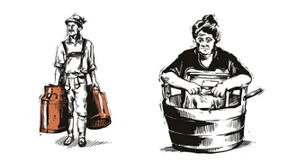 Vintage milkman carrying milk churns and woman washing clothes in tub by Lukas Bischoff