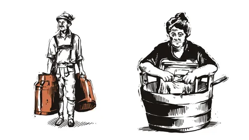 Vintage milkman carrying milk churns and woman washing clothes in tub by Lukas Bischoff