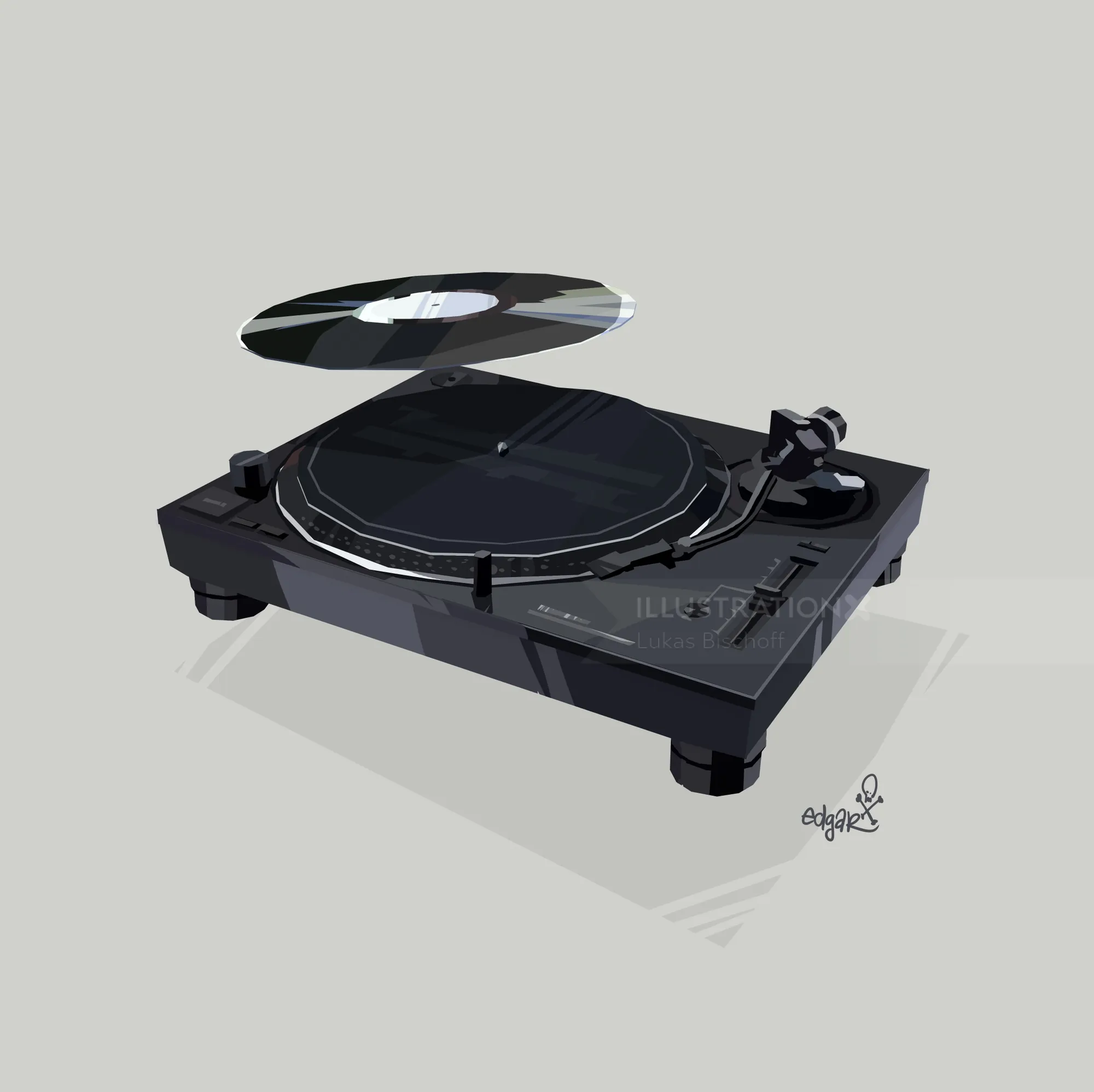 Black vinyl turntable with floating record, artwork by Lukas Bischoff