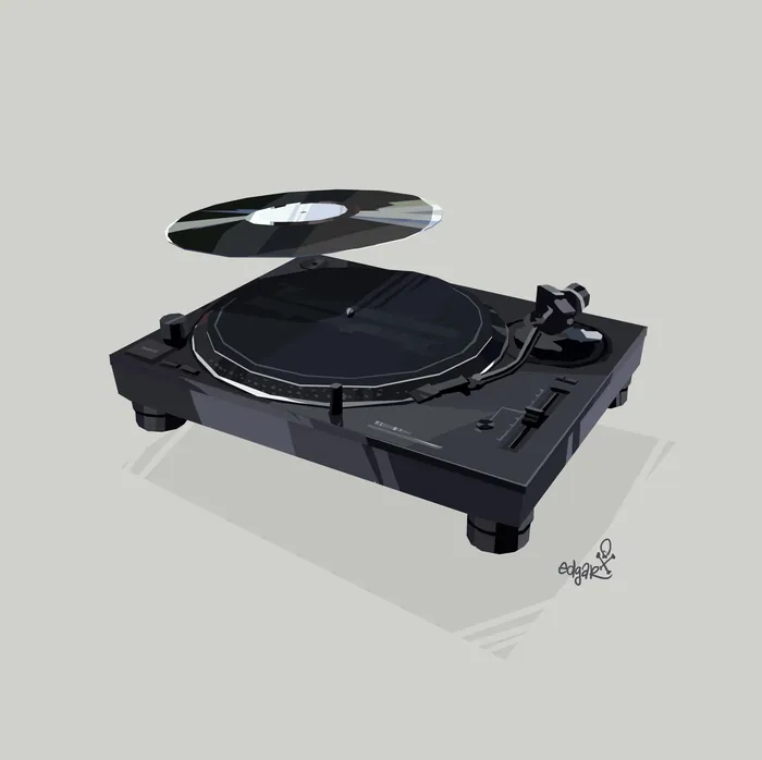 Black vinyl turntable with floating record, artwork by Lukas Bischoff