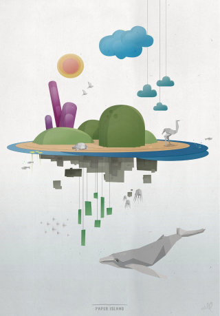 Graphique 3D de l&#39;île avec une baleine autour
