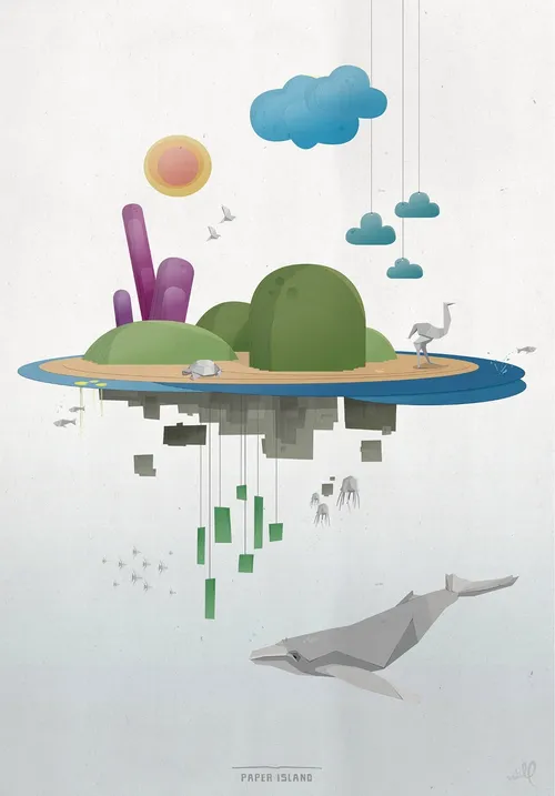 3d graphic of Island with whale around
