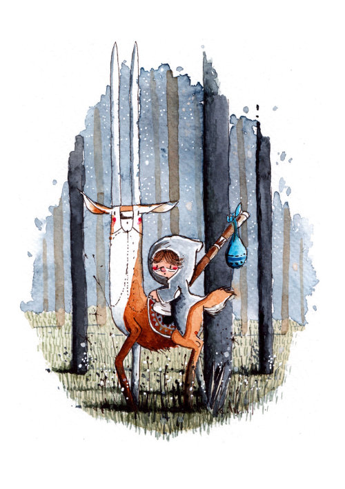 Children's illustration of kid and deer