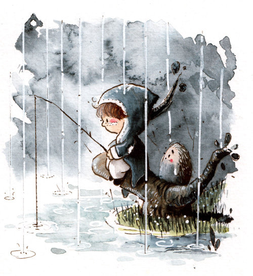 Fishing in the rain watercolour art