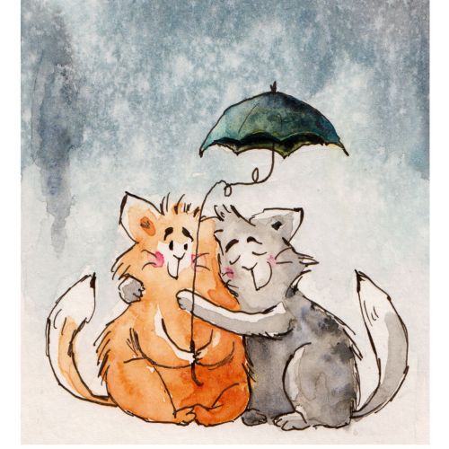 Watercolour painting of cats in love