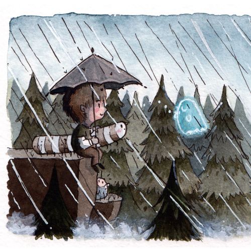 LIttle boy and ghost in rain
