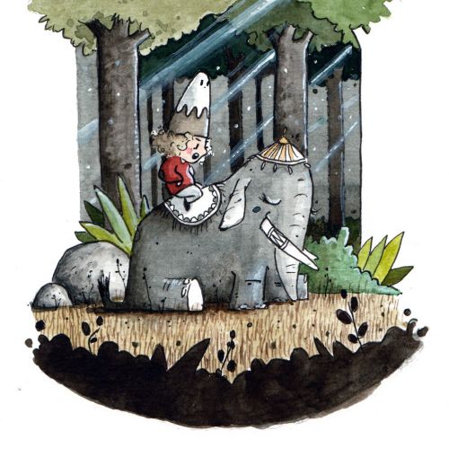Watercolour painting of man with elephant