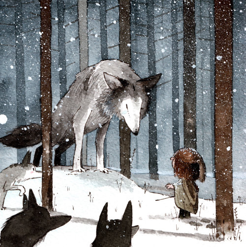 小女孩和狐狸在雪地里