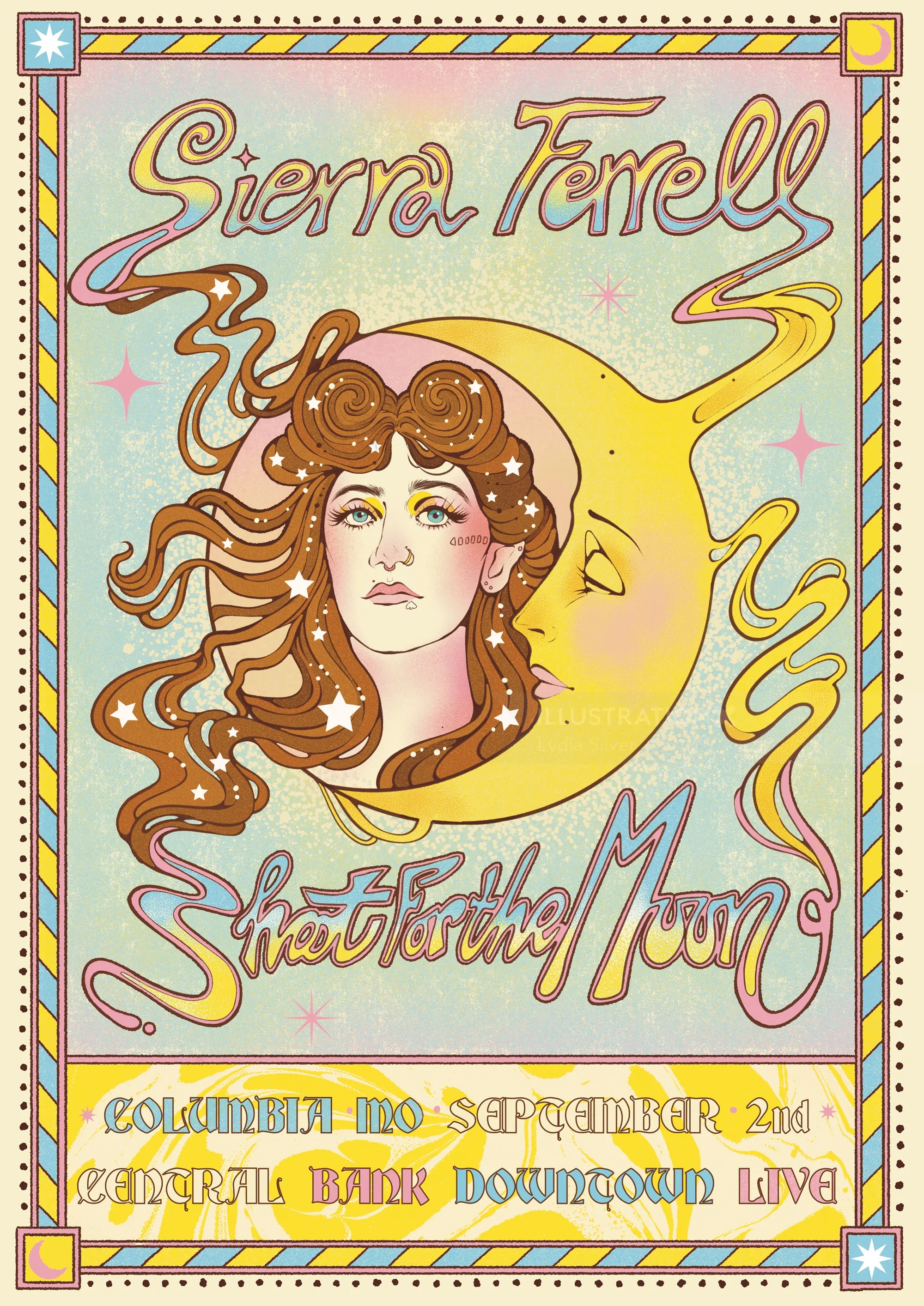 Illustration de Sierra Ferrell avec la lune pour la tournée Shoot for the Moon par Lydia Silver