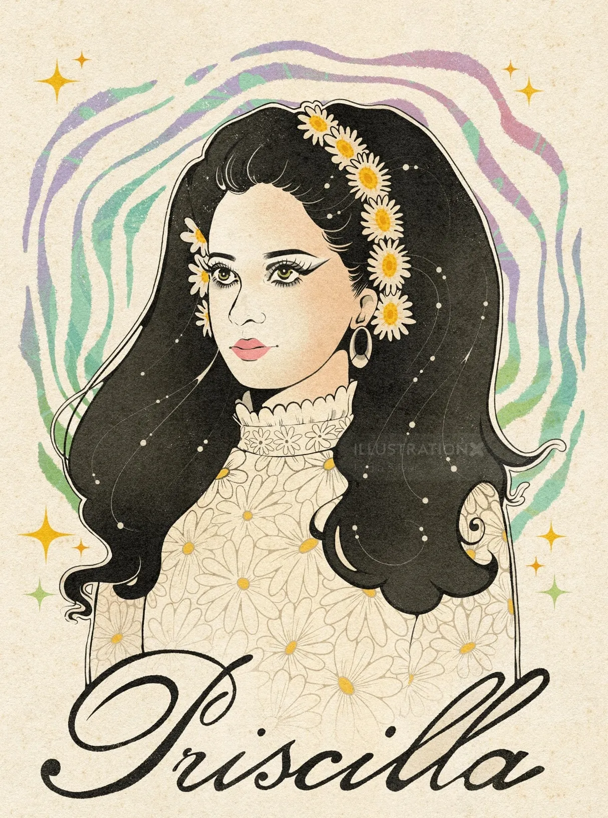 Illustration of Cailee Spaeny as Priscilla with floral headband by Lydia Silver