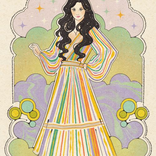 Illustration of Cailee Spaeny as Priscilla in 1970s style by Lydia Silver