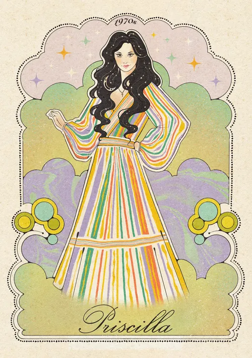 Illustration de Cailee Spaeny dans le rôle de Priscilla, style années 1970, par Lydia Silver.