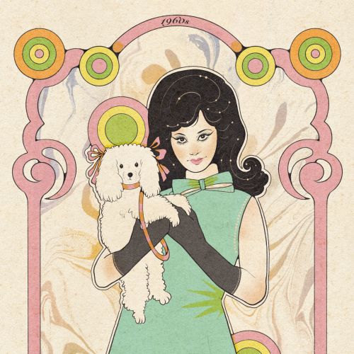 Illustration of Priscilla holding a white poodle, 1960s style by Lydia Silver