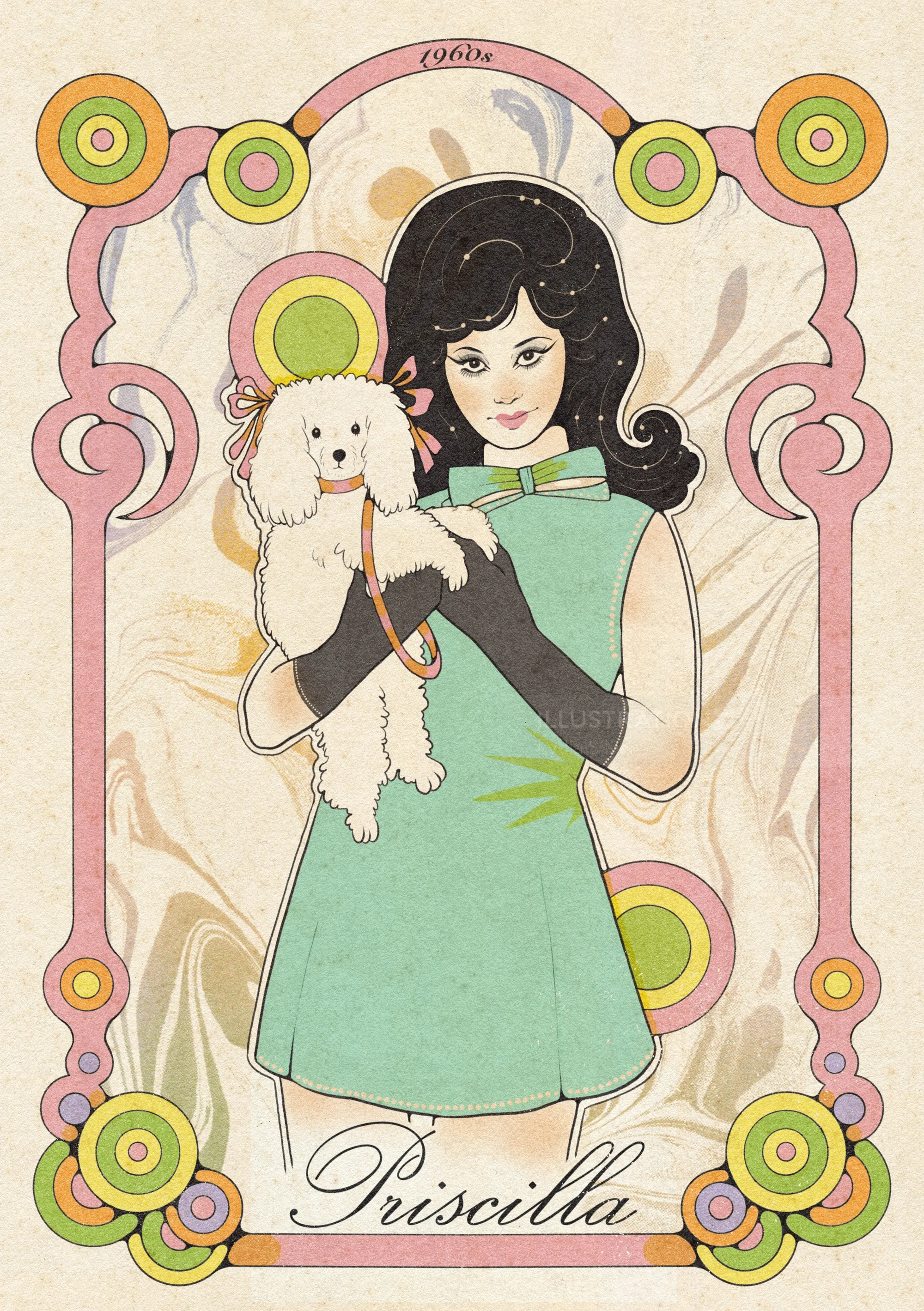 Illustration of Priscilla holding a white poodle, 1960s style by Lydia Silver