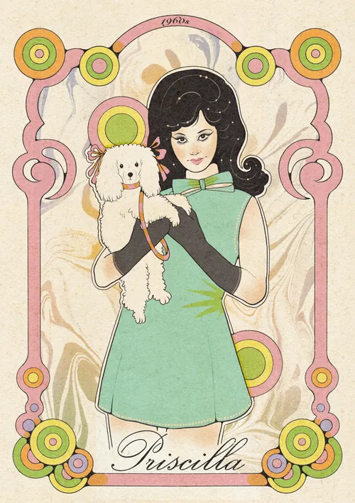 Illustration de Priscilla tenant un caniche blanc, style années 1960, par Lydia Silver