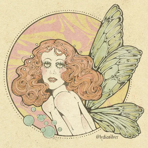 Une femme aux cheveux bouclés et aux ailes de papillon dans un cadre circulaire, par Lydia Silver