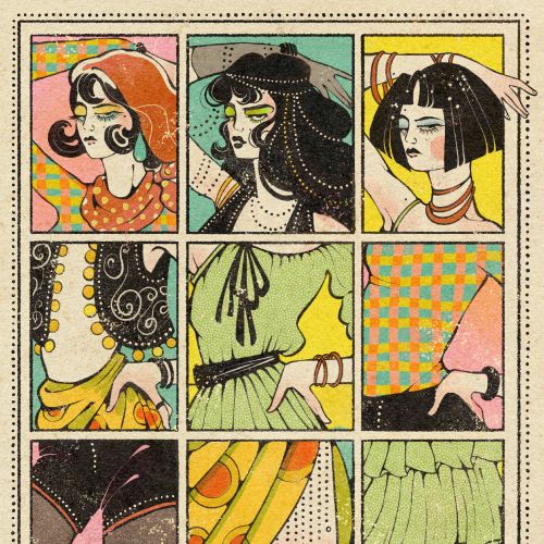Fashion illustration grid with nine panels showing vintage clothing details by Lydia Silver