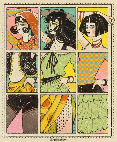 Grille d'illustration de mode composée de neuf panneaux présentant des détails de vêtements vintage par Lydia Silver