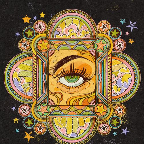 Illustration of a green eye in a colorful ornamental star pattern by Lydia Silver