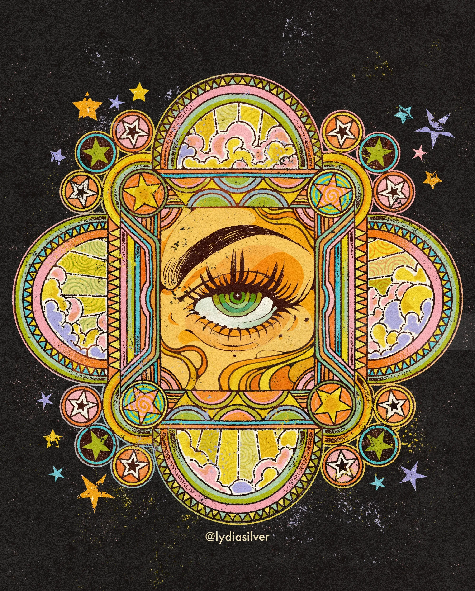 Illustration d'un œil vert dans un motif d'étoile ornementale colorée par Lydia Silver