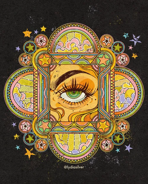 Illustration d'un œil vert dans un motif d'étoile ornementale colorée par Lydia Silver