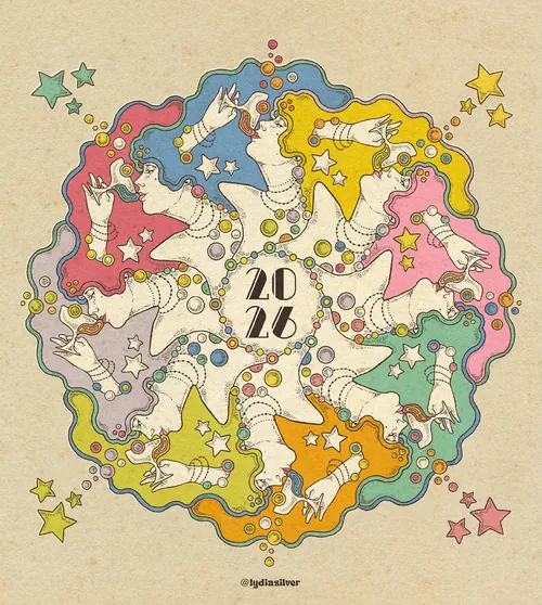 Illustration colorée du Jour de l'An 2026 par Lydia Silver