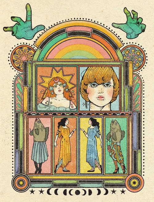 Œuvre ornementale avec arche arc-en-ciel et portraits de style vintage par Lydia Silver