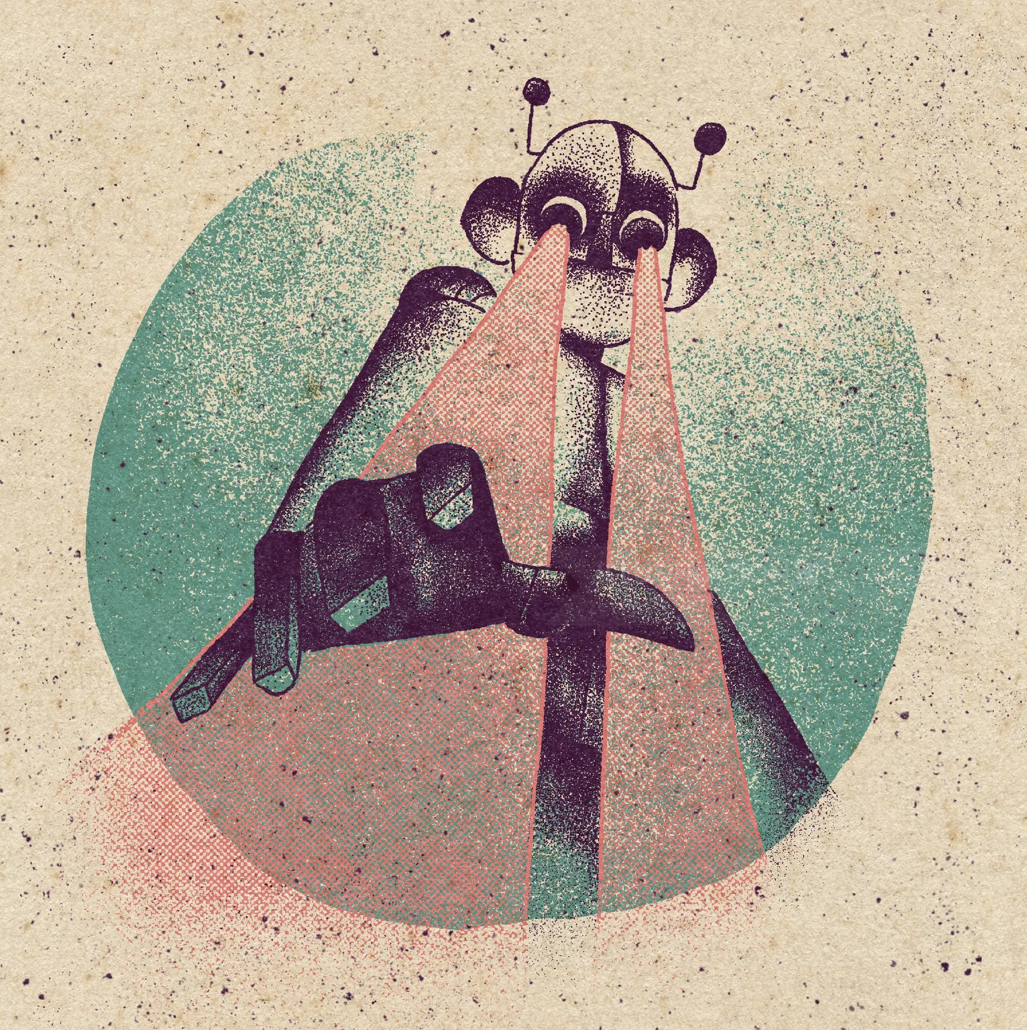 Illustration du robot Iron Man tirant des rayons laser par les yeux, par Lydia Silver