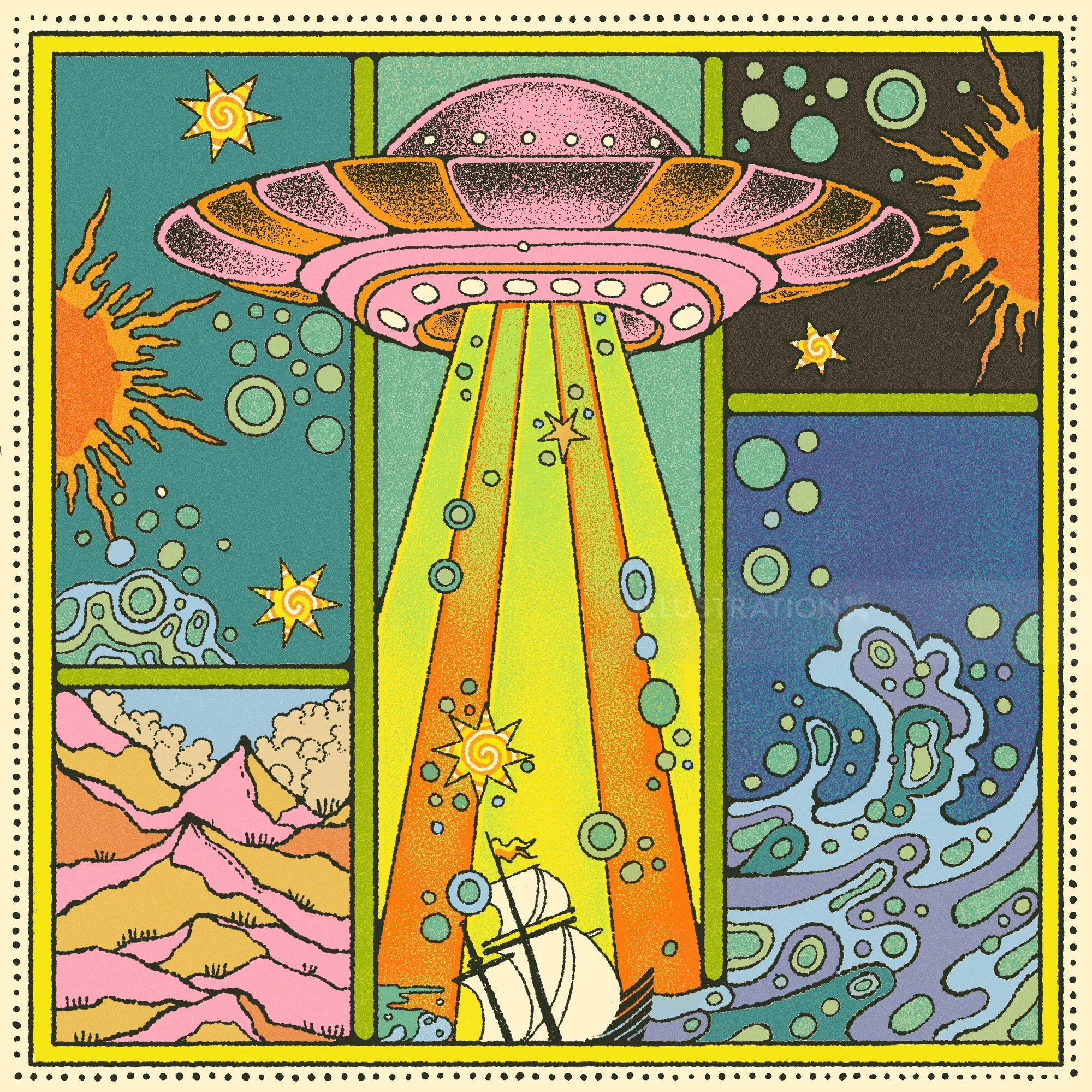 Illustration de couverture de l'EP Glider montrant un OVNI téléportant un vaisseau au milieu de scènes cosmiques colorées par Lydia Silver