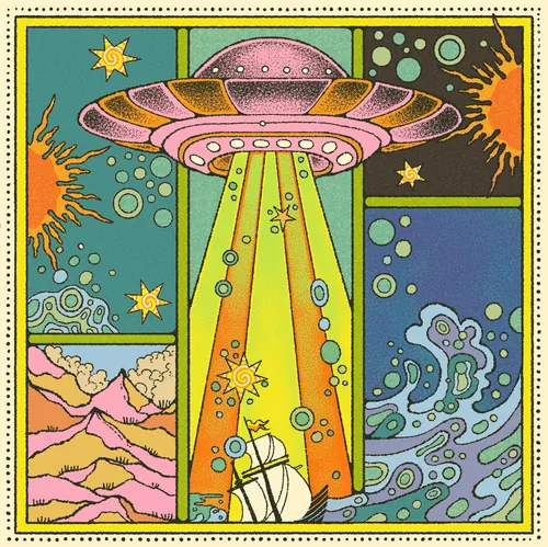 Illustration de couverture de l'EP Glider montrant un OVNI téléportant un vaisseau au milieu de scènes cosmiques colorées par Lydia Silver
