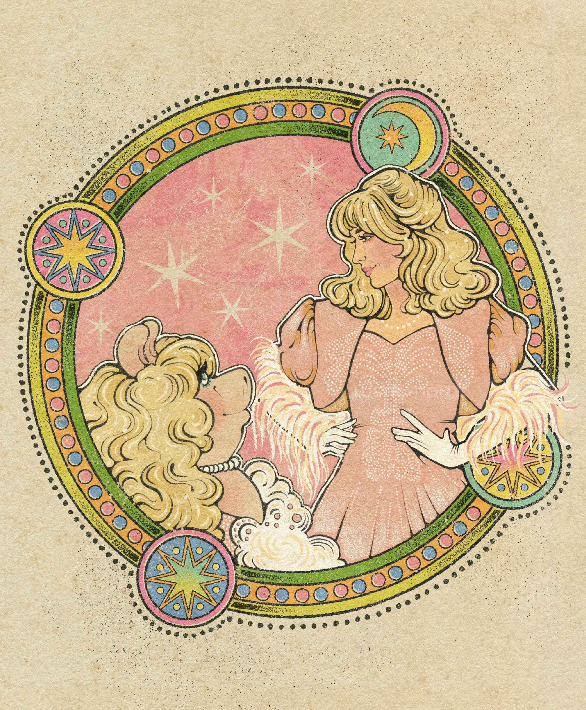 Illustration d'une femme et de Miss Piggy dans un cadre circulaire décoratif par Lydia Silver